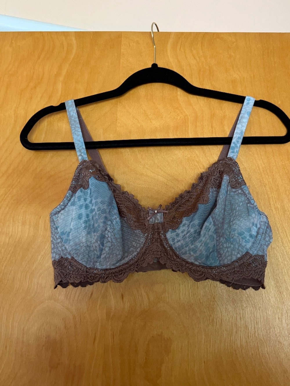 Modern Movement Unlined Blue and Taupe Bra, Size 38D